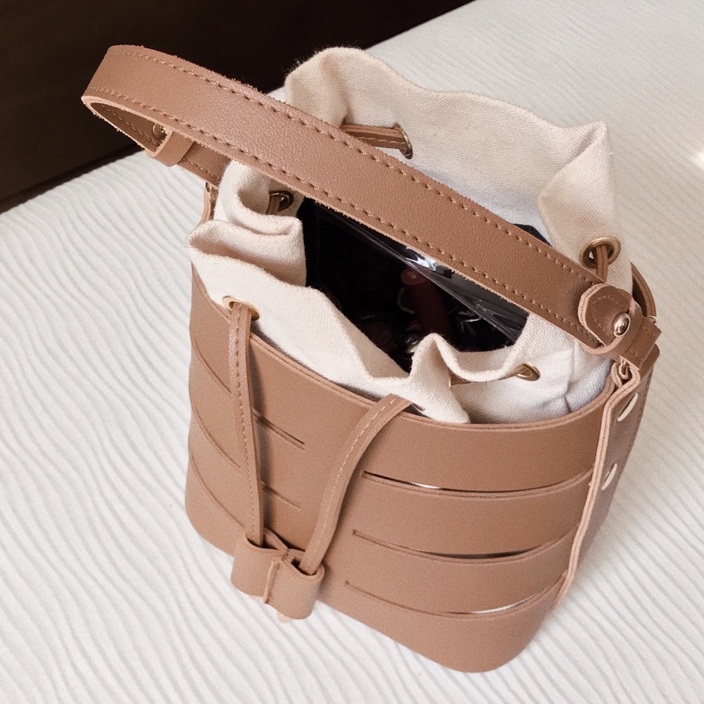 Tan mini bucket bag